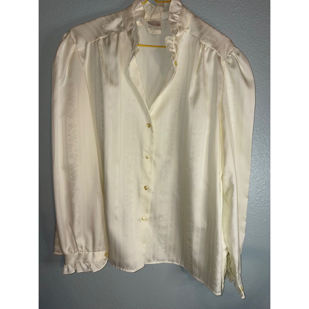 Vintage Keri Ann Cream Floral Jacquard Ruffle Neck Blouse Puff Sleeve Size 38